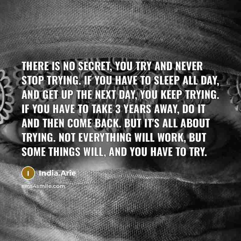 “There is no secret, you try and never stop trying. If you have to sleep all day, and get up the next day, you keep trying. If you have to take 3 years away, do it and then come back. But it's all about trying. Not everything will work, but some things will, and you have to try.” quote by India.Arie