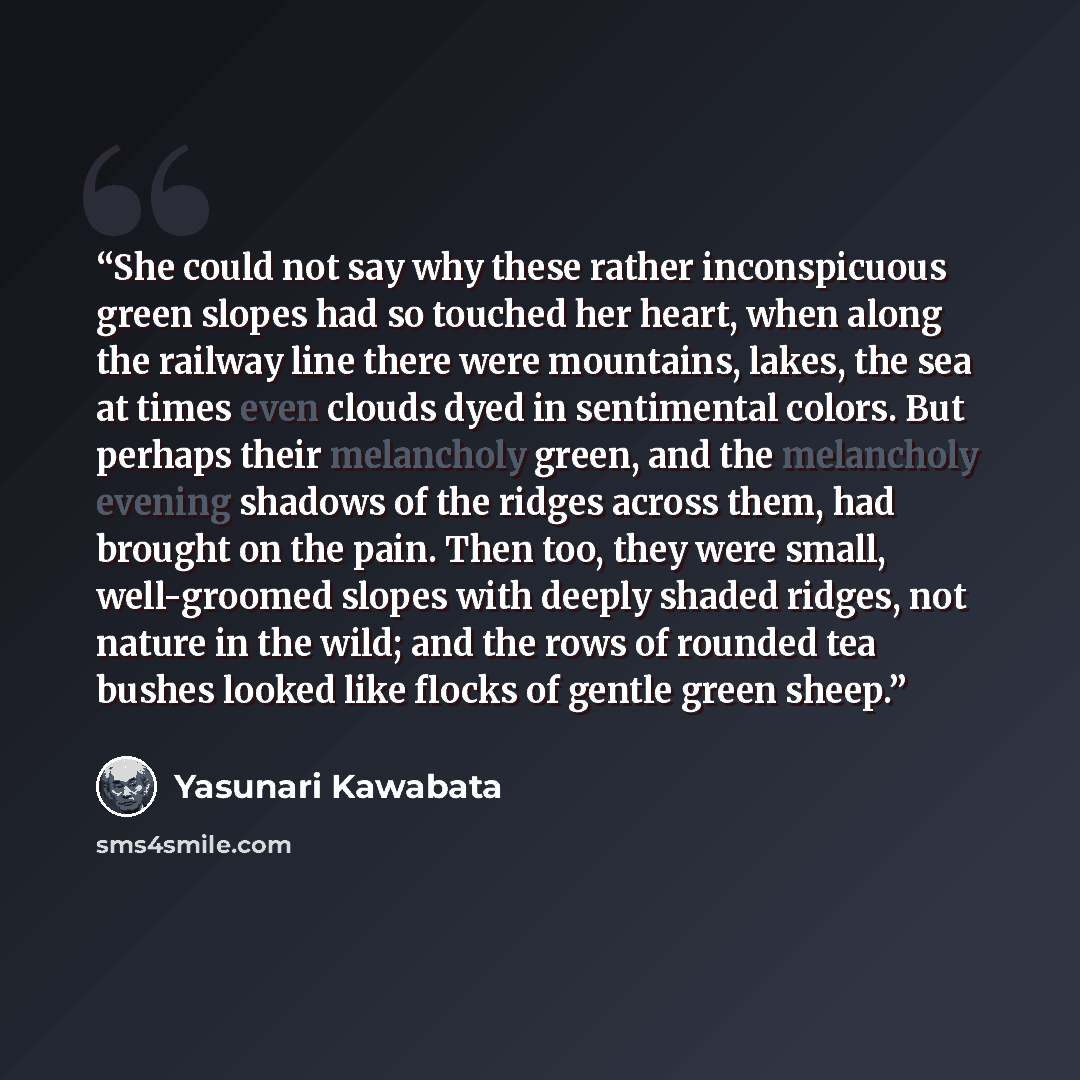 “She could not say why these rather inconspicuous green slopes had so touched her heart, when along the railway line there were mountains, lakes, the sea at times even clouds dyed in sentimental colors. But perhaps their melancholy green, and the melancholy evening shadows of the ridges across…” quote by Yasunari Kawabata