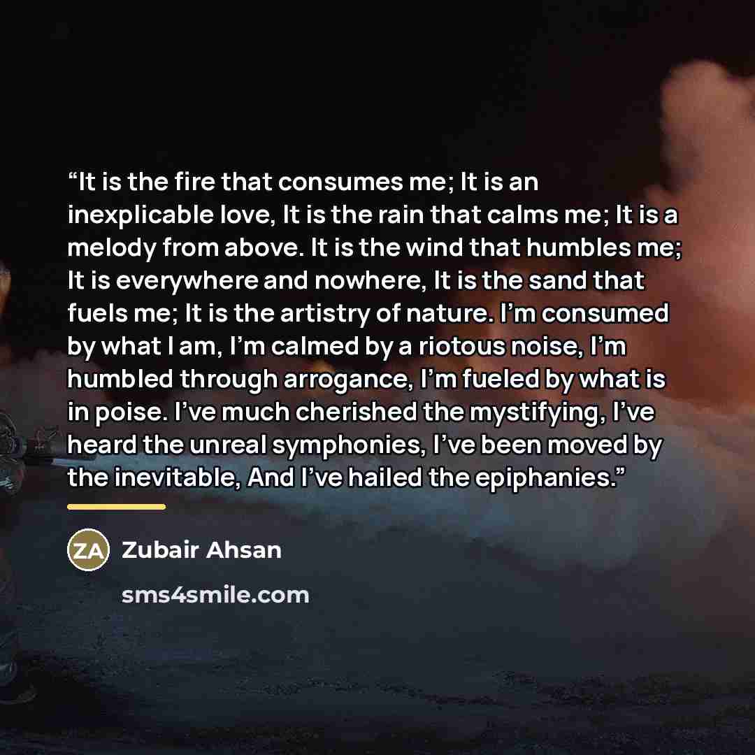 “It is the fire that consumes me; It is an inexplicable love, It is the rain that calms me; It is a melody from above. It is the wind that humbles me; It is everywhere and nowhere, It is the sand that fuels me; It is the artistry of nature. I’m consumed by what I am, I’m calmed by a riotous noise…” quote by Zubair Ahsan