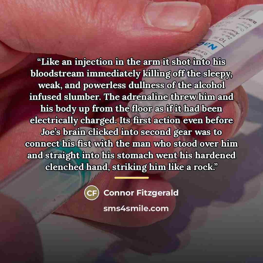 “Like an injection in the arm it shot into his bloodstream immediately killing off the sleepy, weak, and powerless dullness of the alcohol infused slumber. The adrenaline threw him and his body up from the floor as if it had been electrically charged. Its first action even before Joe’s brain…” quote by Connor Fitzgerald