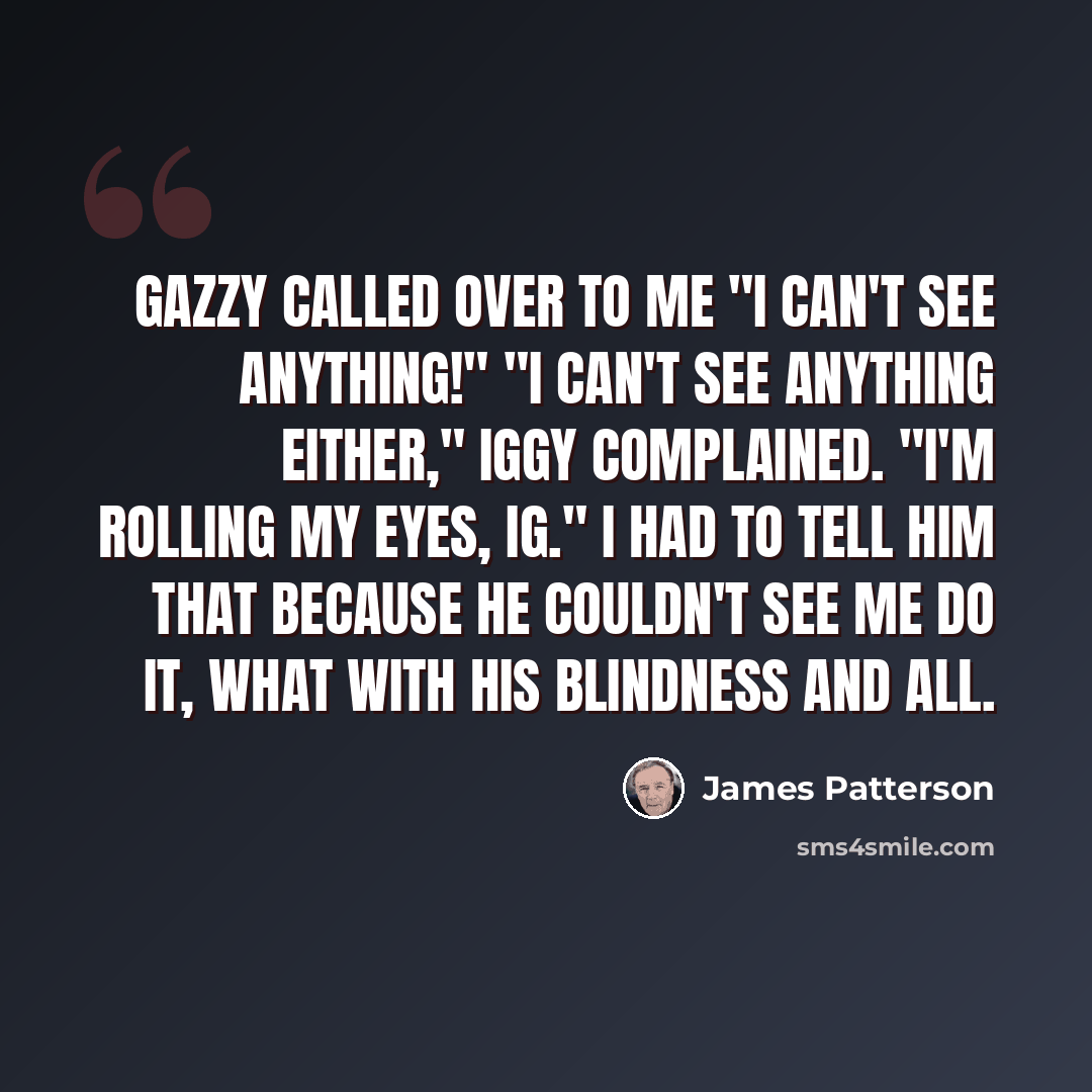 “Gazzy called over to me "I can't see anything!" "I can't see anything either," Iggy complained. "I'm rolling my eyes, Ig." I had to tell him that because he couldn't see me do it, what with his blindness and all.” quote by James Patterson