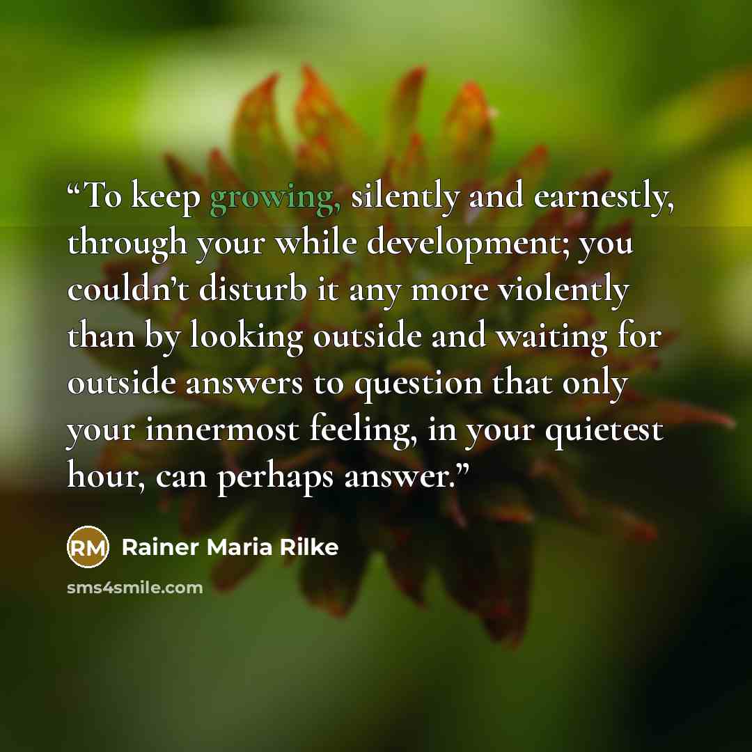 “To keep growing, silently and earnestly, through your while development; you couldn’t disturb it any more violently than by looking outside and waiting for outside answers to question that only your innermost feeling, in your quietest hour, can perhaps answer.” quote by Rainer Maria Rilke