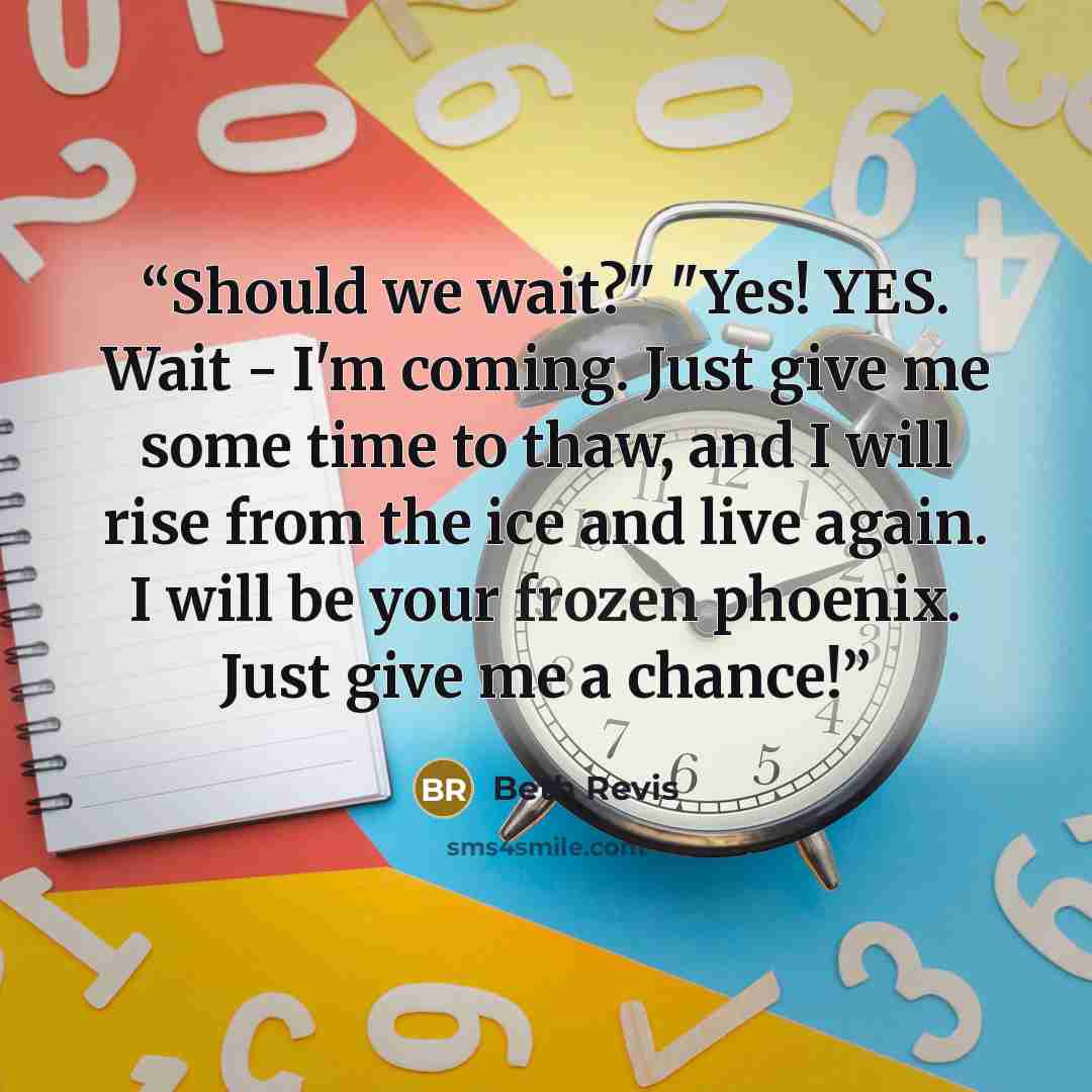 “Should we wait?" "Yes! YES. Wait - I'm coming. Just give me some time to thaw, and I will rise from the ice and live again. I will be your frozen phoenix. Just give me a chance!” quote by Beth Revis