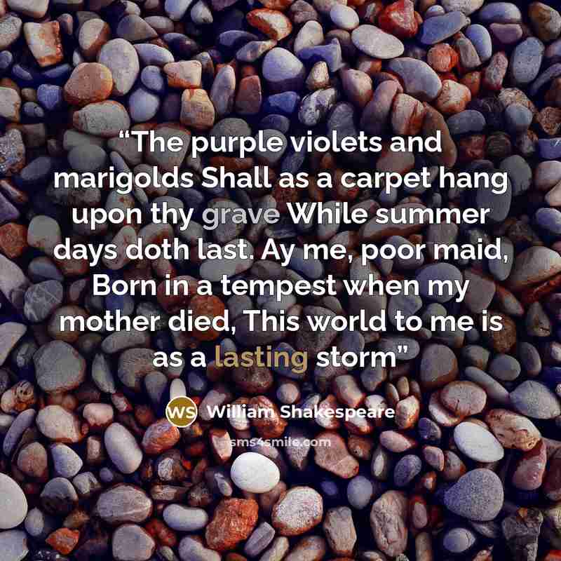 “The purple violets and marigolds Shall as a carpet hang upon thy grave While summer days doth last. Ay me, poor maid, Born in a tempest when my mother died, This world to me is as a lasting storm” quote by William Shakespeare