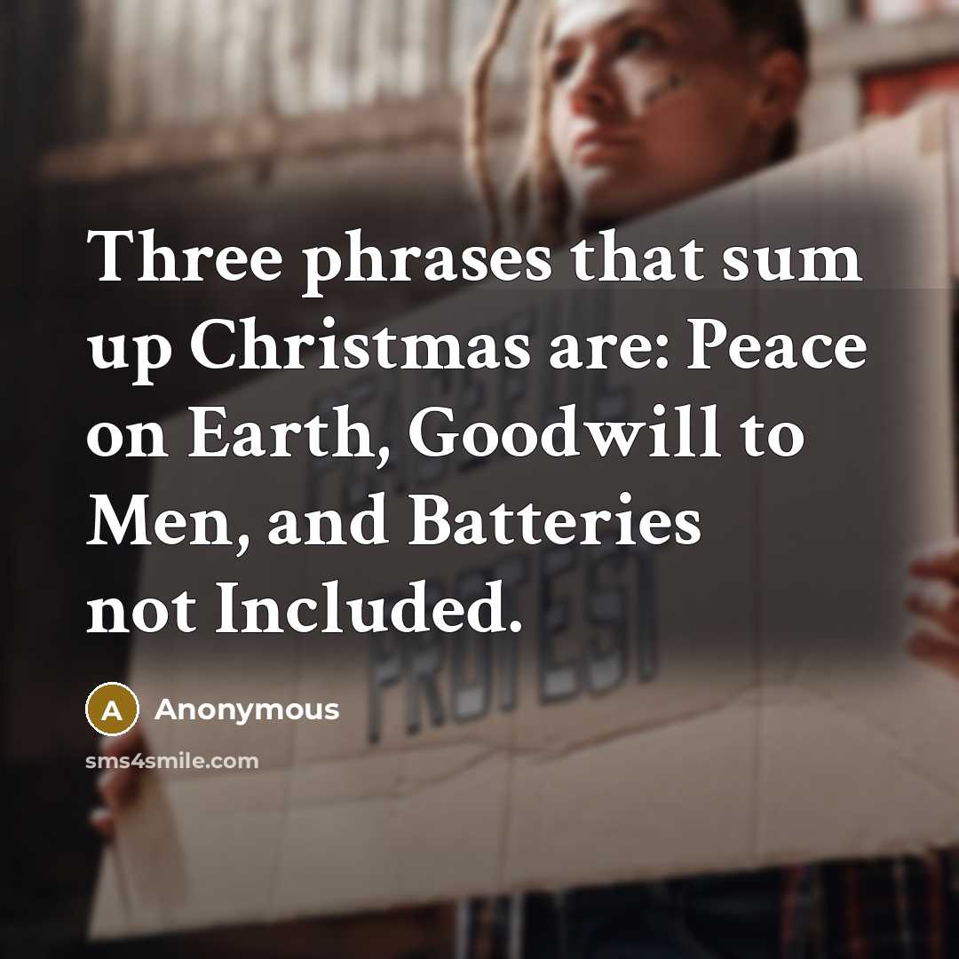 “Three phrases that sum up Christmas are: Peace on Earth, Goodwill to Men, and Batteries not Included.” quote by Anonymous