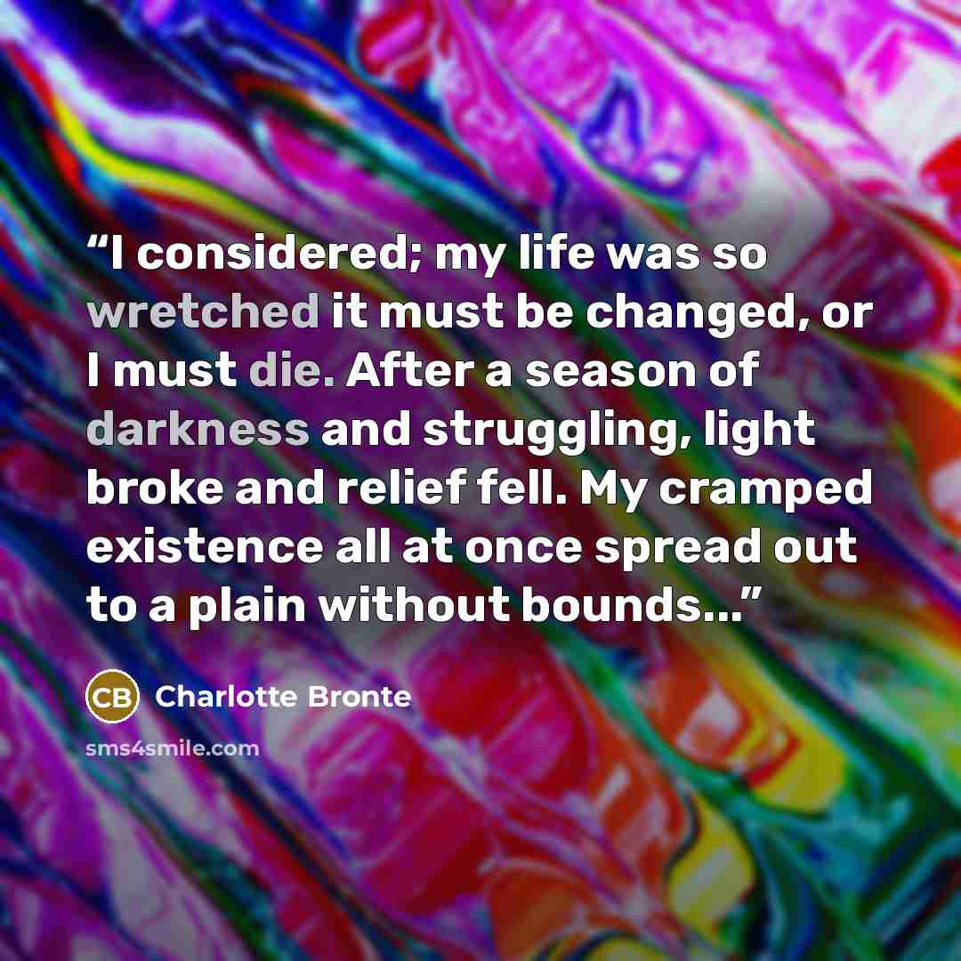 “I considered; my life was so wretched it must be changed, or I must die. After a season of darkness and struggling, light broke and relief fell. My cramped existence all at once spread out to a plain without bounds...” quote by Charlotte Brontë