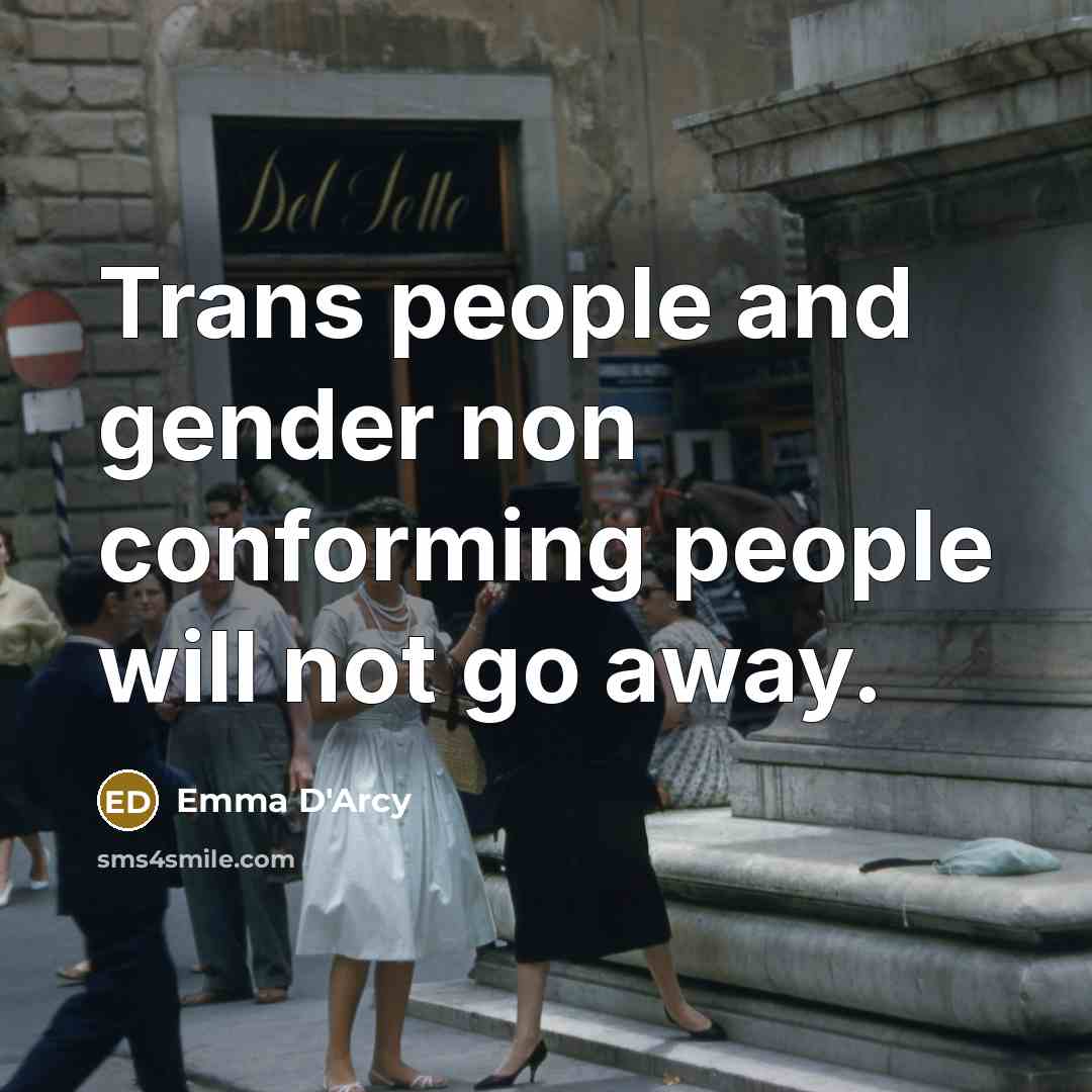 “Trans people and gender non conforming people will not go away.” quote by Emma D'Arcy