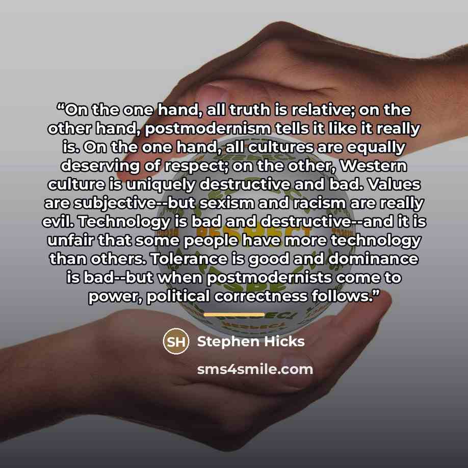 “On the one hand, all truth is relative; on the other hand, postmodernism tells it like it really is. On the one hand, all cultures are equally deserving of respect; on the other, Western culture is uniquely destructive and bad. Values are subjective--but sexism and racism are really evil…” quote by Anonymous