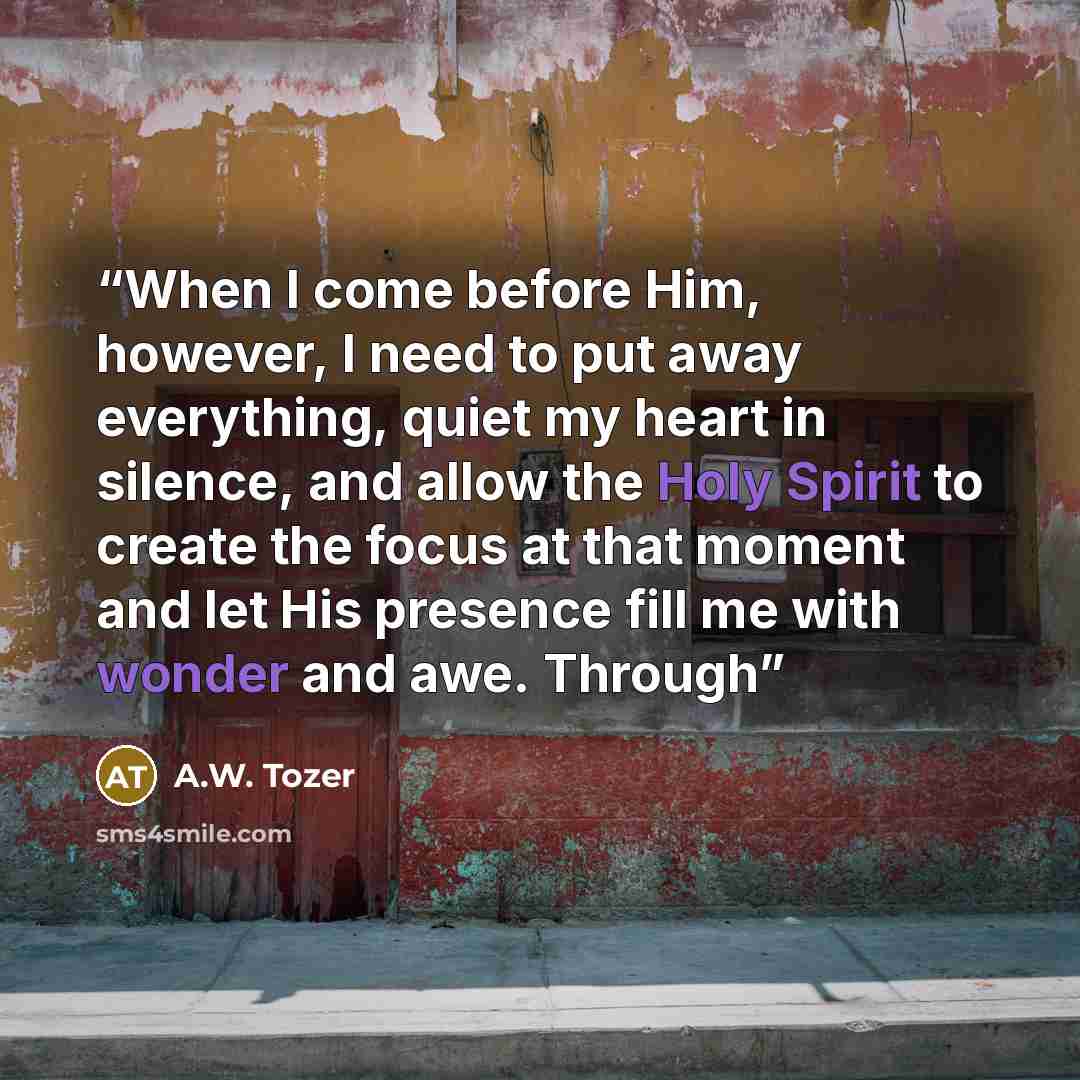 “When I come before Him, however, I need to put away everything, quiet my heart in silence, and allow the Holy Spirit to create the focus at that moment and let His presence fill me with wonder and awe. Through” quote by A.W. Tozer