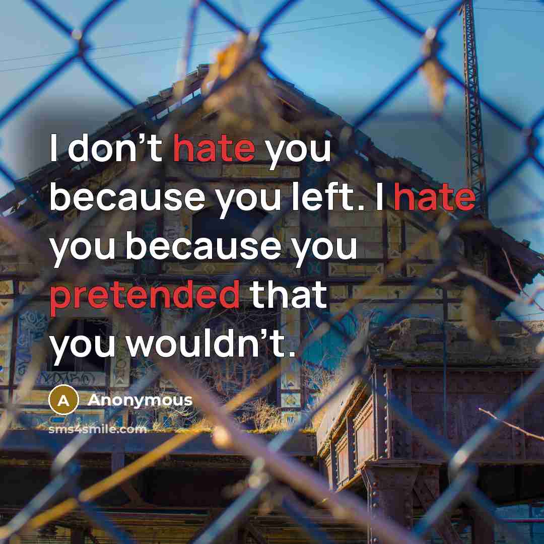 “I don't hate you because you left. I hate you because you pretended that you wouldn't.” quote by Anonymous