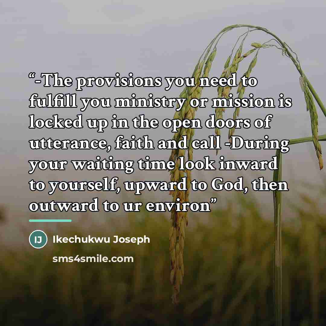 “-The provisions you need to fulfill you ministry or mission is locked up in the open doors of utterance, faith and call -During your waiting time look inward to yourself, upward to God, then outward to ur environ” quote by Ikechukwu Joseph