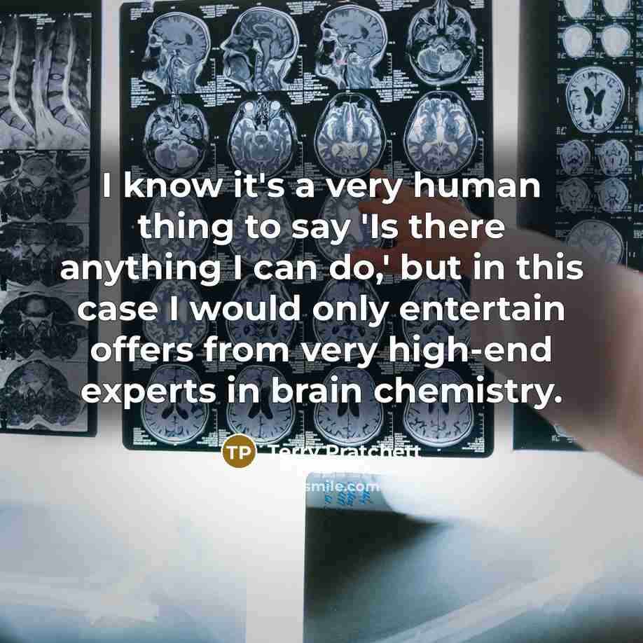 “I know it's a very human thing to say 'Is there anything I can do,' but in this case I would only entertain offers from very high-end experts in brain chemistry.” quote by Terry Pratchett