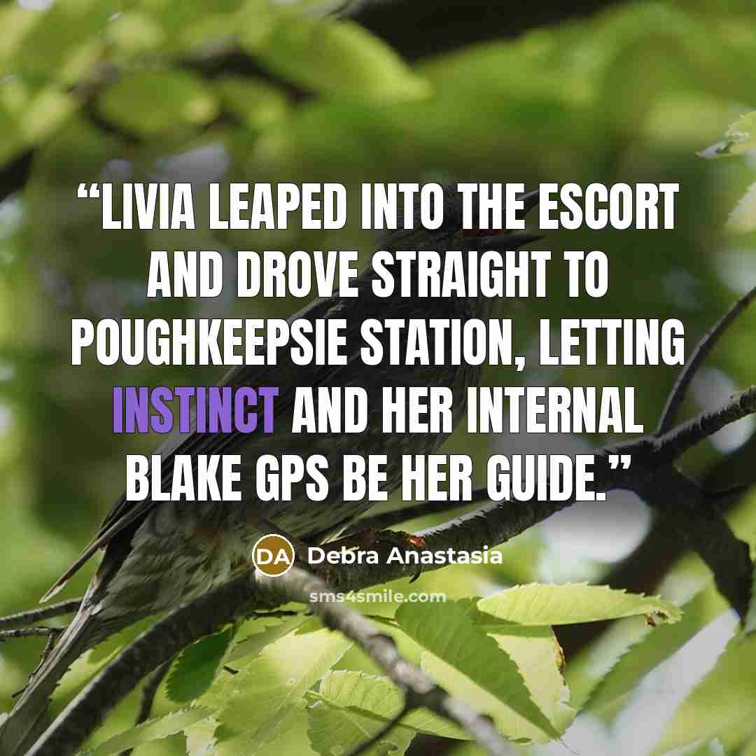 “Livia leaped into the Escort and drove straight to Poughkeepsie Station, letting instinct and her internal Blake GPS be her guide.” quote by Debra Anastasia