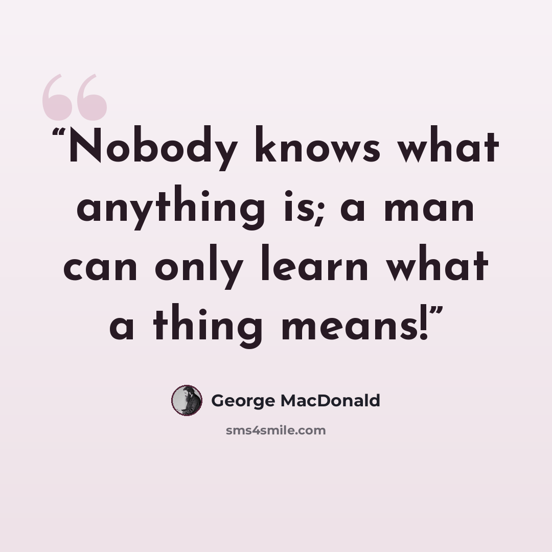“Nobody knows what anything is; a man can only learn what a thing means!” quote by George MacDonald