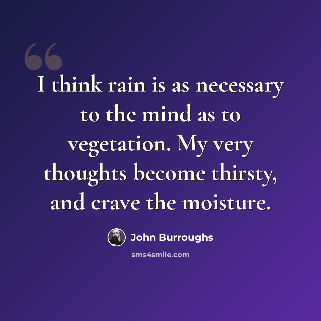 “I think rain is as necessary to the mind as to vegetation. My very thoughts become thirsty, and crave the moisture.” quote by John Burroughs