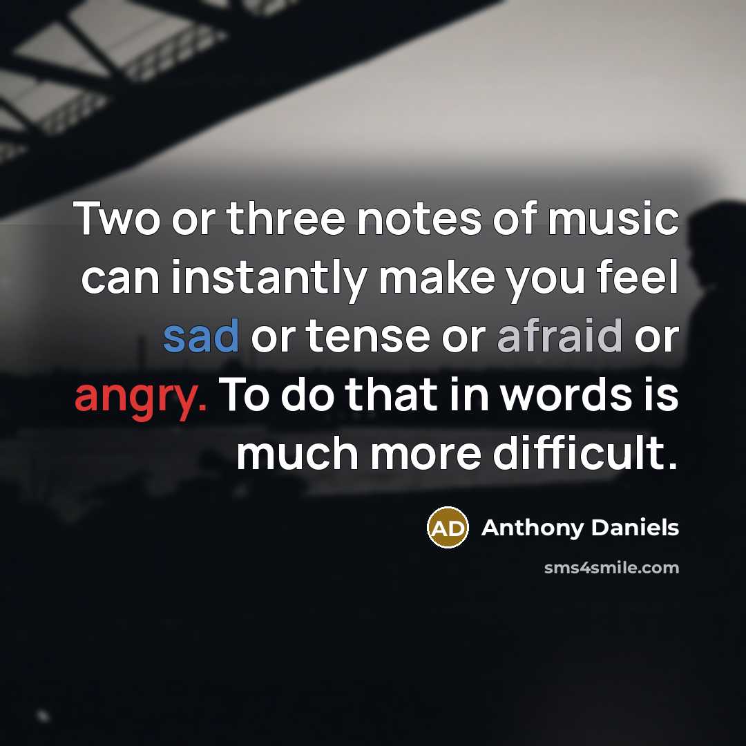 “Two or three notes of music can instantly make you feel sad or tense or afraid or angry. To do that in words is much more difficult.” quote by Anthony Daniels