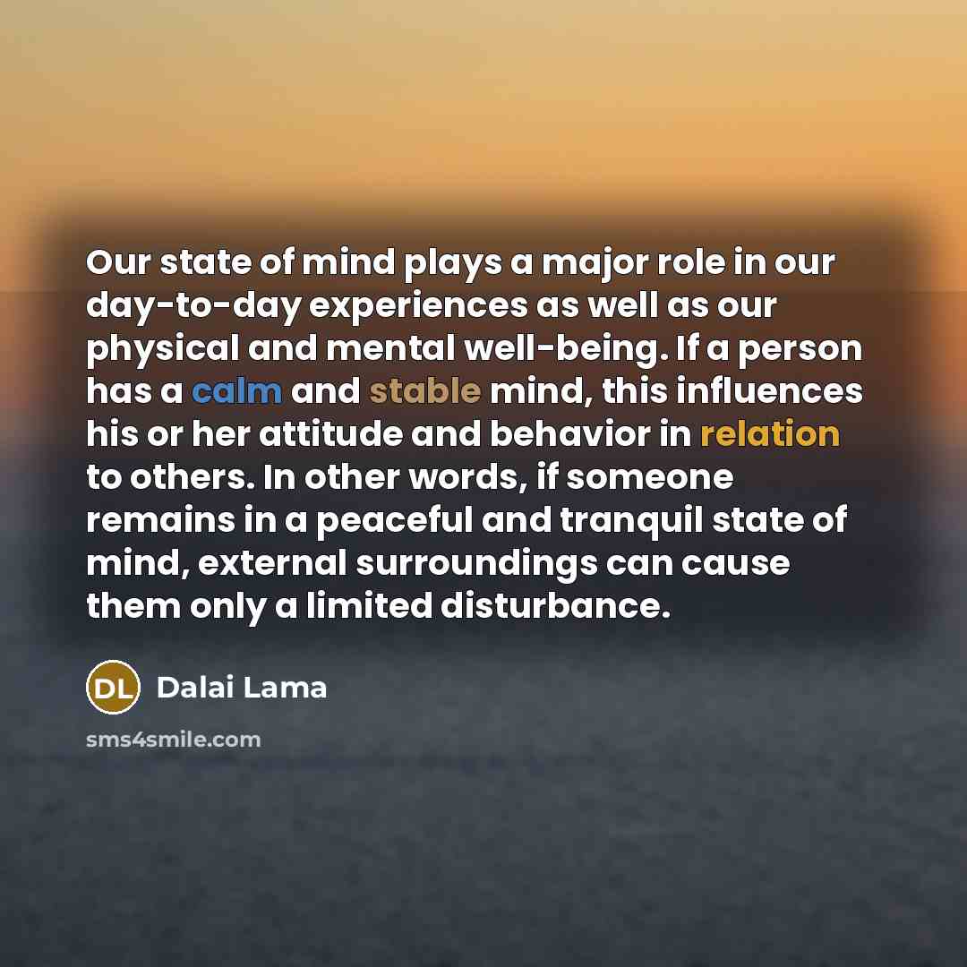 “Our state of mind plays a major role in our day-to-day experiences as well as our physical and mental well-being. If a person has a calm and stable mind, this influences his or her attitude and behavior in relation to others. In other words, if someone remains in a peaceful and tranquil state of…” quote by Dalai Lama