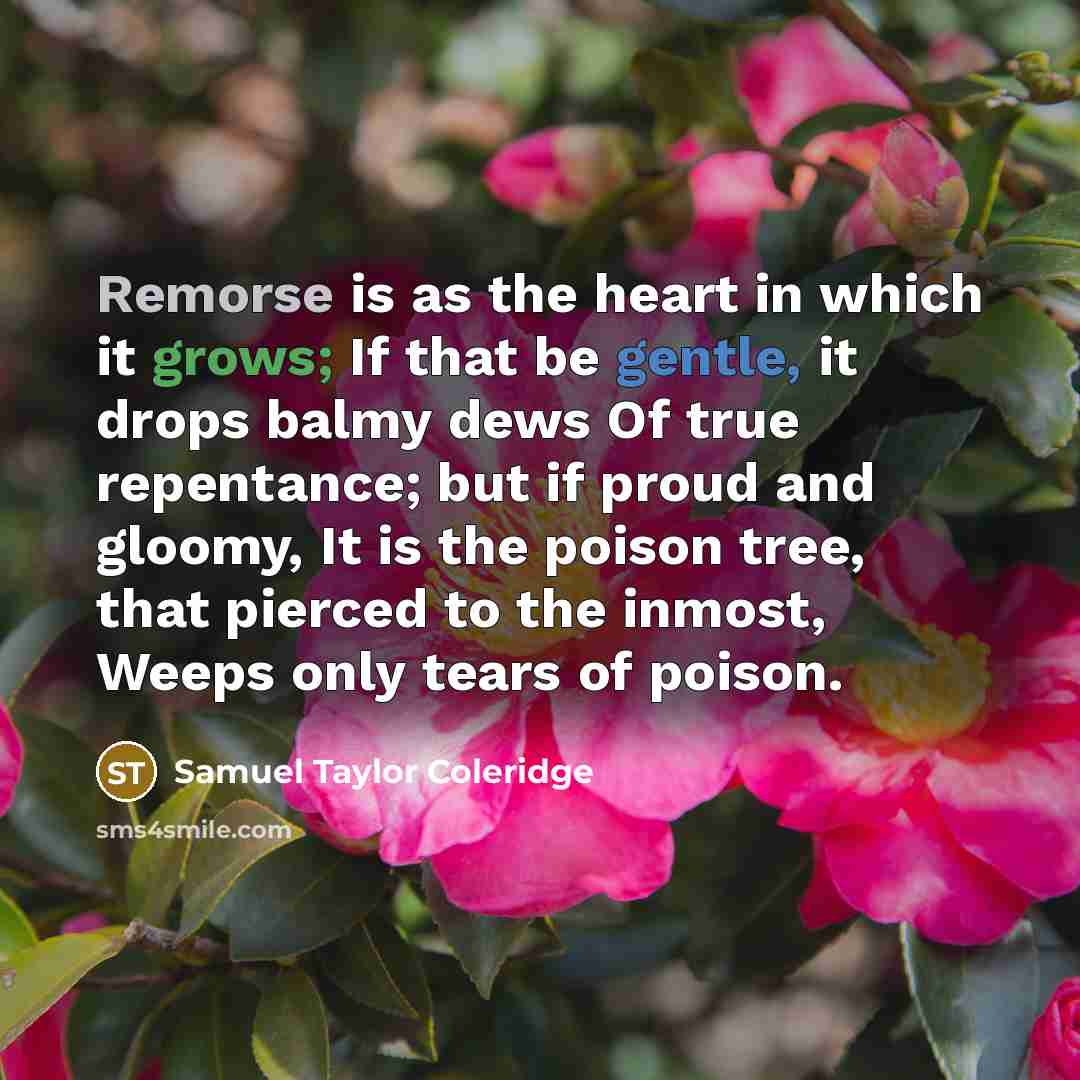 “Remorse is as the heart in which it grows; If that be gentle, it drops balmy dews Of true repentance; but if proud and gloomy, It is the poison tree, that pierced to the inmost, Weeps only tears of poison.” quote by Samuel Taylor Coleridge