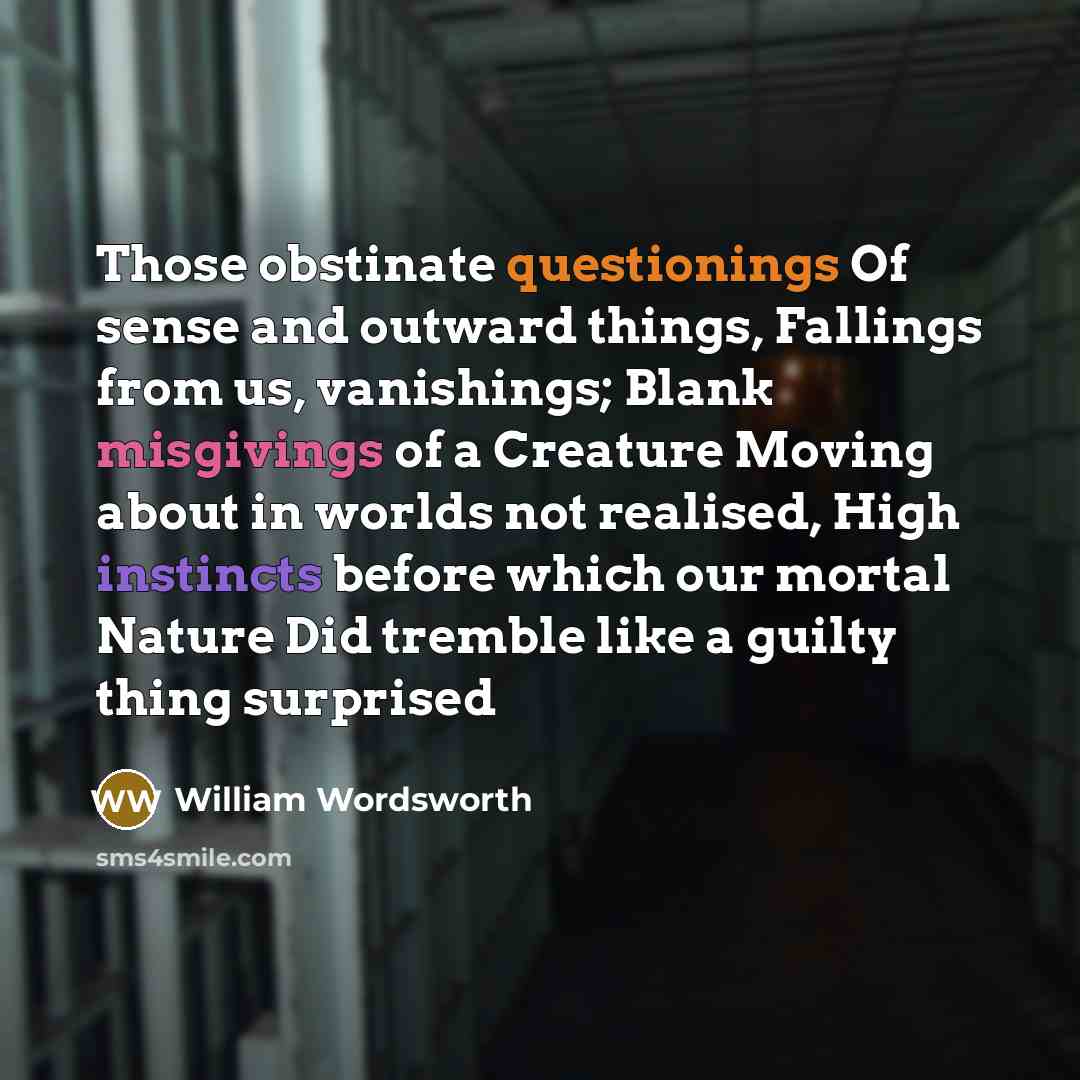 “Those obstinate questionings Of sense and outward things, Fallings from us, vanishings; Blank misgivings of a Creature Moving about in worlds not realised, High instincts before which our mortal Nature Did tremble like a guilty thing surprised” quote by William Wordsworth