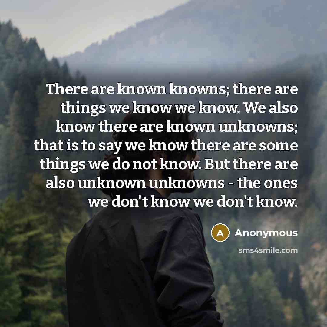 “There are known knowns; there are things we know we know. We also know there are known unknowns; that is to say we know there are some things we do not know. But there are also unknown unknowns - the ones we don't know we don't know.” quote by Anonymous