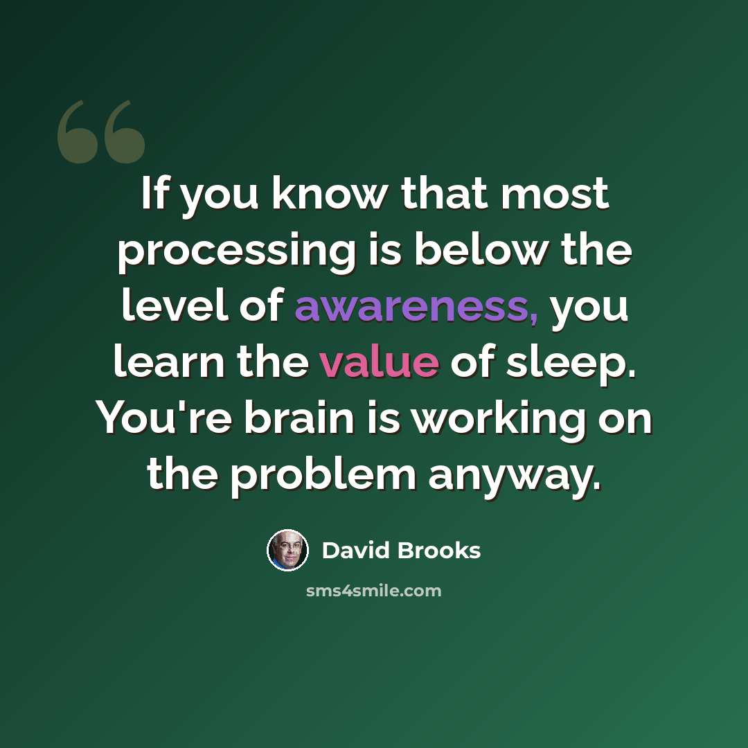 “If you know that most processing is below the level of awareness, you learn the value of sleep. You're brain is working on the problem anyway.” quote by David Brooks