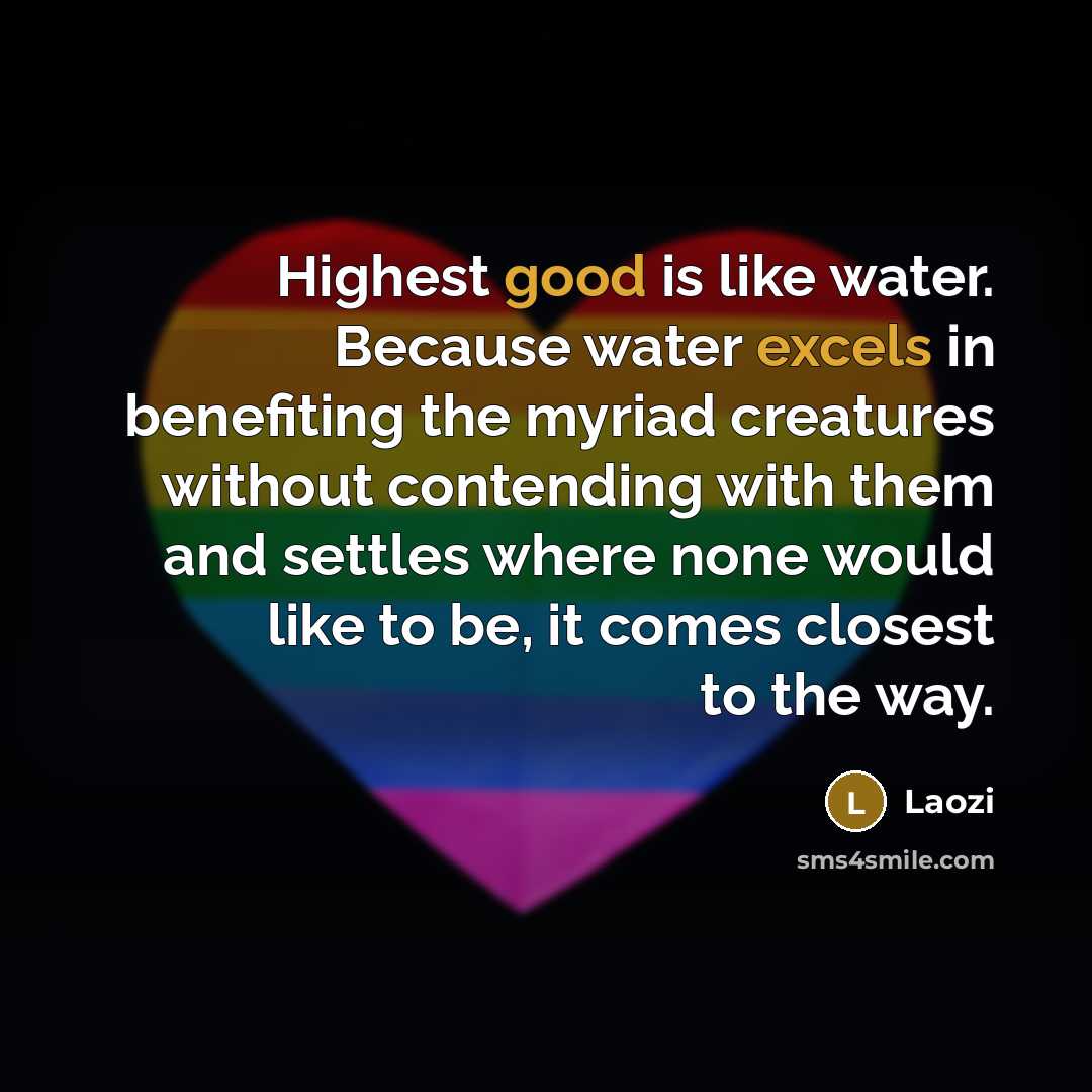 “Highest good is like water. Because water excels in benefiting the myriad creatures without contending with them and settles where none would like to be, it comes closest to the way.” quote by Laozi
