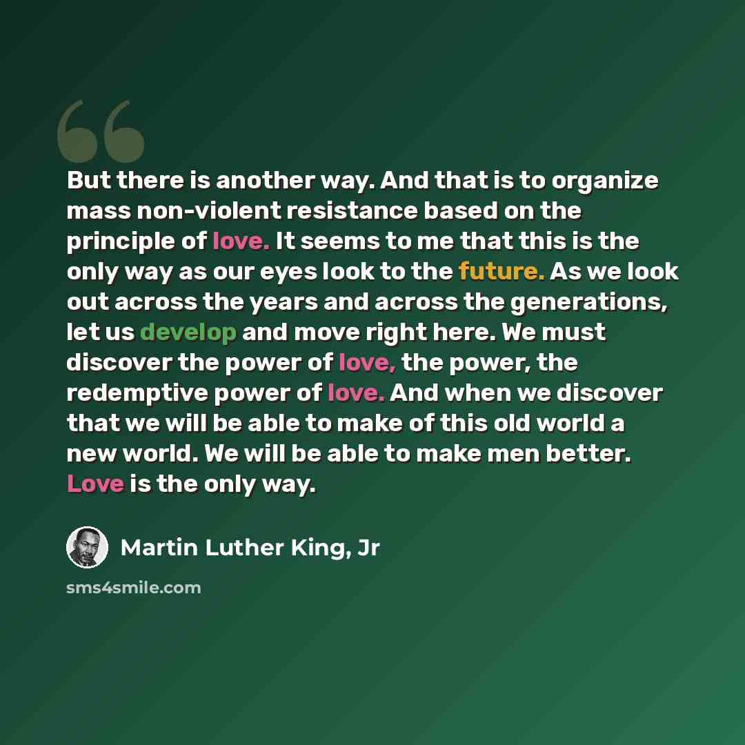 “But there is another way. And that is to organize mass non-violent resistance based on the principle of love. It seems to me that this is the only way as our eyes look to the future. As we look out across the years and across the generations, let us develop and move right here. We must discover…” quote by Martin Luther King, Jr