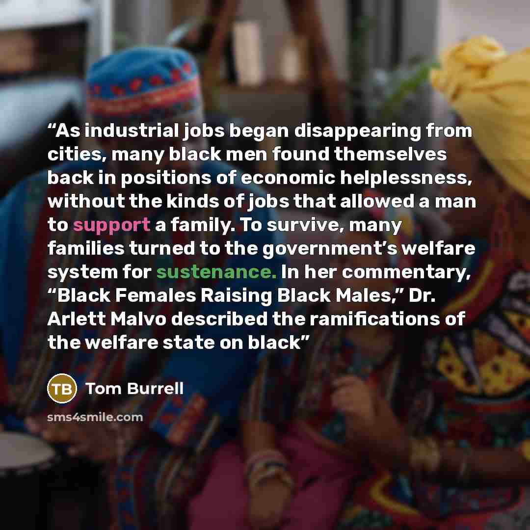 “As industrial jobs began disappearing from cities, many black men found themselves back in positions of economic helplessness, without the kinds of jobs that allowed a man to support a family. To survive, many families turned to the government’s welfare system for sustenance. In her commentary…” quote by Tom Burrell