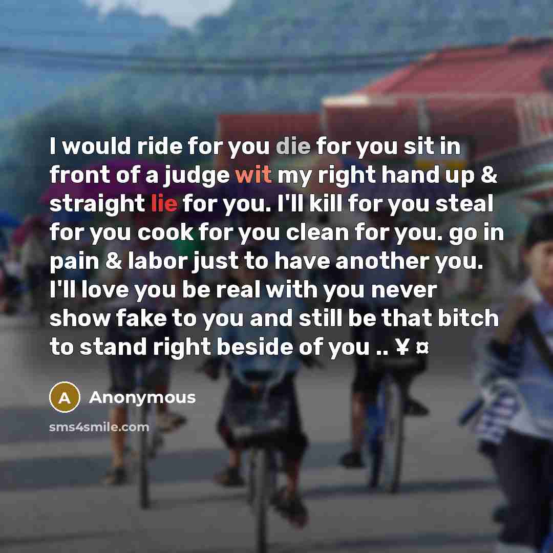 “I would ride for you die for you sit in front of a judge wit my right hand up & straight lie for you. I'll kill for you steal for you cook for you clean for you. go in pain & labor just to have another you. I'll love you be real with you never show fake to you and still be that bitch to stand…” quote by Anonymous
