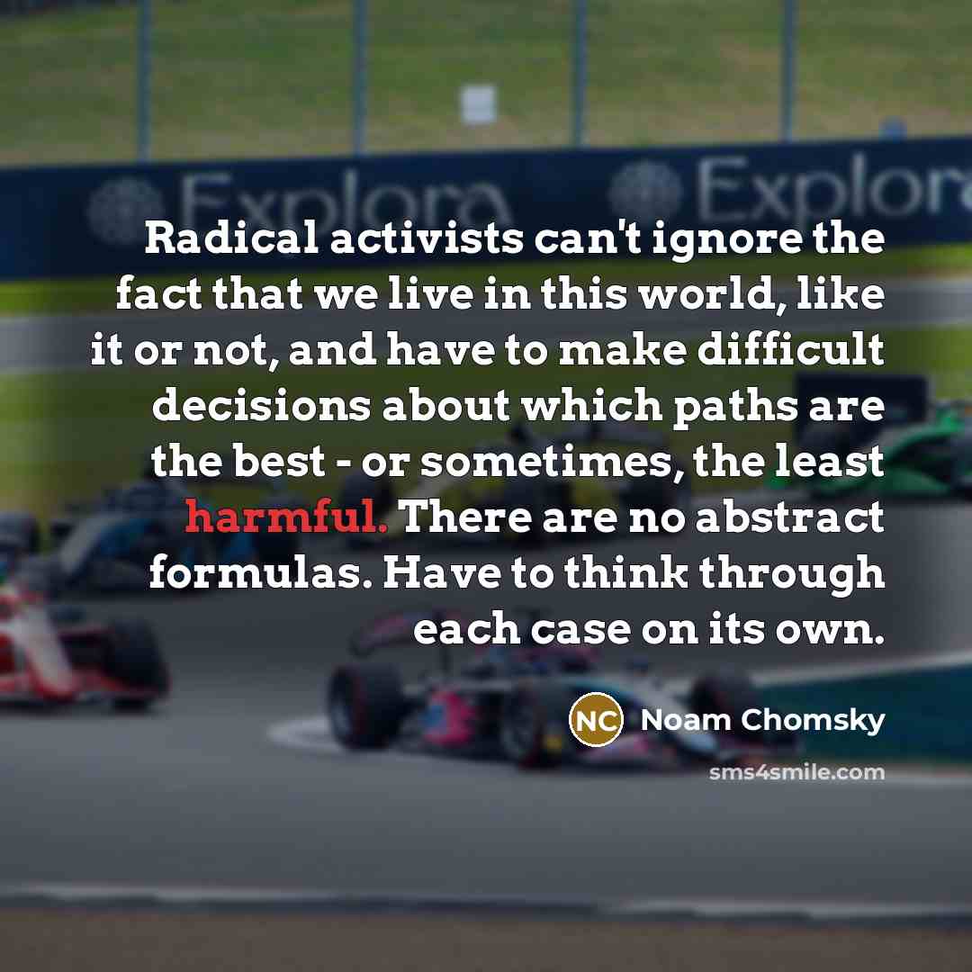 “Radical activists can't ignore the fact that we live in this world, like it or not, and have to make difficult decisions about which paths are the best - or sometimes, the least harmful. There are no abstract formulas. Have to think through each case on its own.” quote by Noam Chomsky