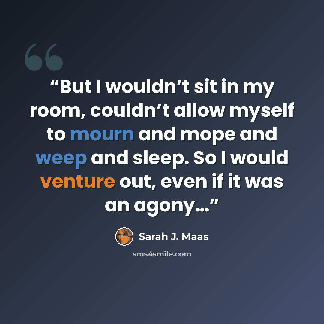 “But I wouldn’t sit in my room, couldn’t allow myself to mourn and mope and weep and sleep. So I would venture out, even if it was an agony…” quote by Sarah J. Maas