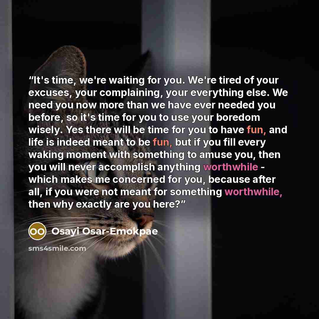 “It's time, we're waiting for you. We're tired of your excuses, your complaining, your everything else. We need you now more than we have ever needed you before, so it's time for you to use your boredom wisely. Yes there will be time for you to have fun, and life is indeed meant to be fun, but if…” quote by Osayi Osar-Emokpae
