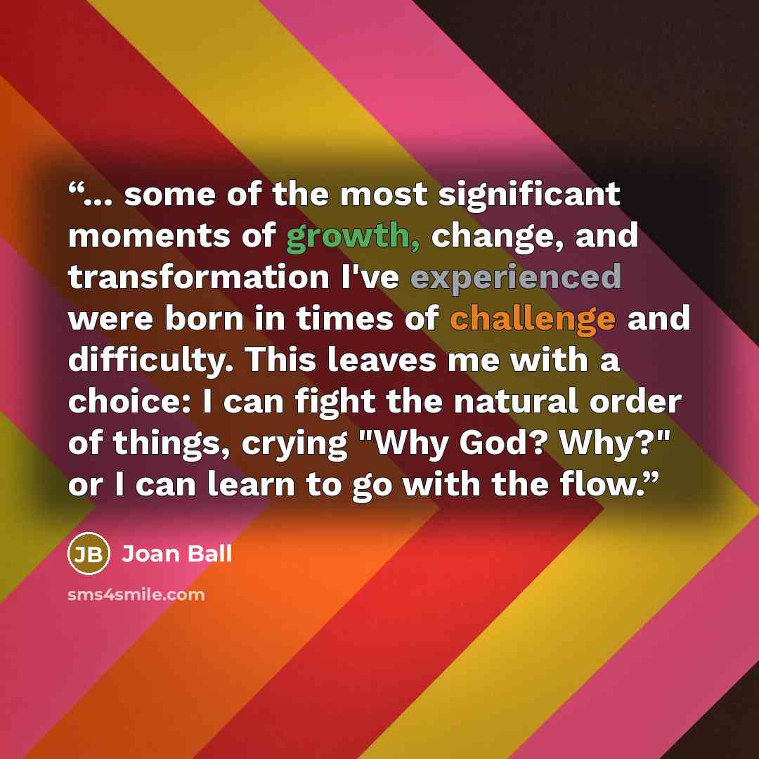 “... some of the most significant moments of growth, change, and transformation I've experienced were born in times of challenge and difficulty. This leaves me with a choice: I can fight the natural order of things, crying "Why God? Why?" or I can learn to go with the flow.” quote by Joan Ball