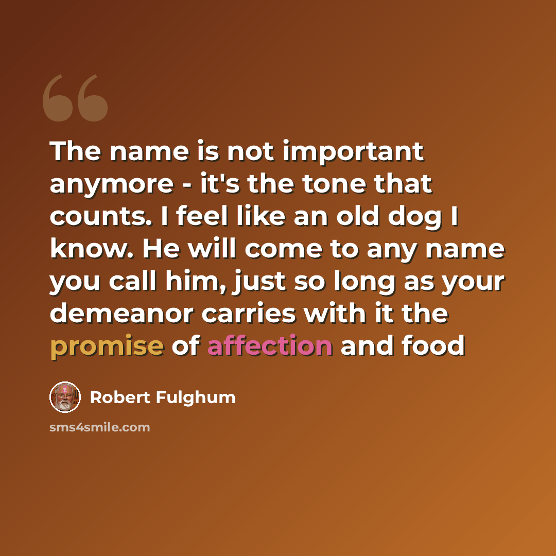 “The name is not important anymore - it's the tone that counts. I feel like an old dog I know. He will come to any name you call him, just so long as your demeanor carries with it the promise of affection and food” quote by Robert Fulghum