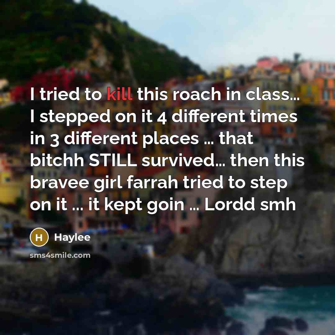 “I tried to kill this roach in class… I stepped on it 4 different times in 3 different places … that bitchh STILL survived… then this bravee girl farrah tried to step on it ... it kept goin … Lordd smh” quote by Haylee
