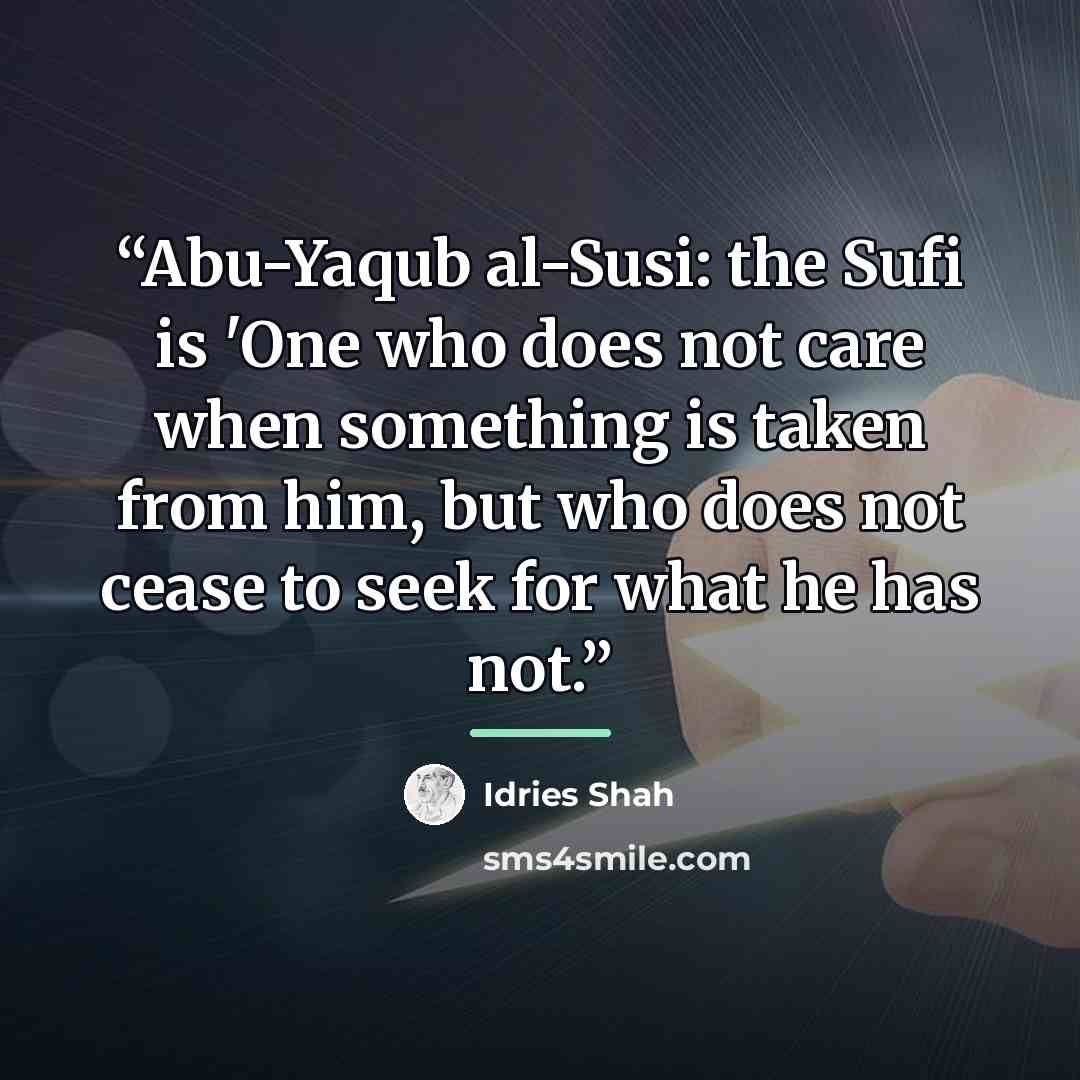 “Abu-Yaqub al-Susi: the Sufi is 'One who does not care when something is taken from him, but who does not cease to seek for what he has not.” quote by Idries Shah