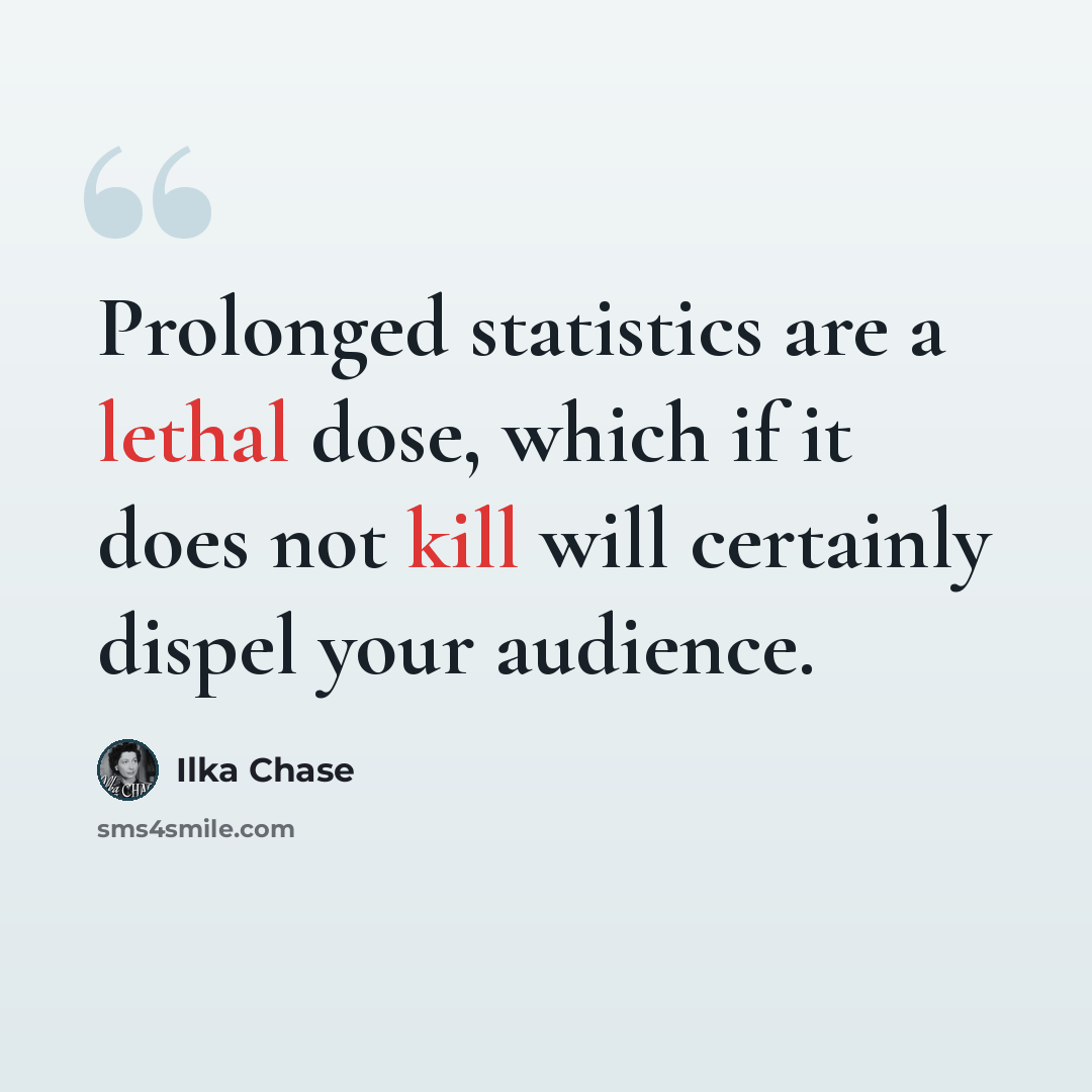 “Prolonged statistics are a lethal dose, which if it does not kill will certainly dispel your audience.” quote by Ilka Chase