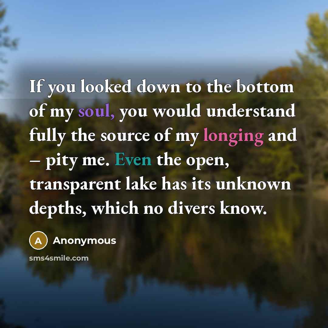 “If you looked down to the bottom of my soul, you would understand fully the source of my longing and – pity me. Even the open, transparent lake has its unknown depths, which no divers know.” quote by Anonymous