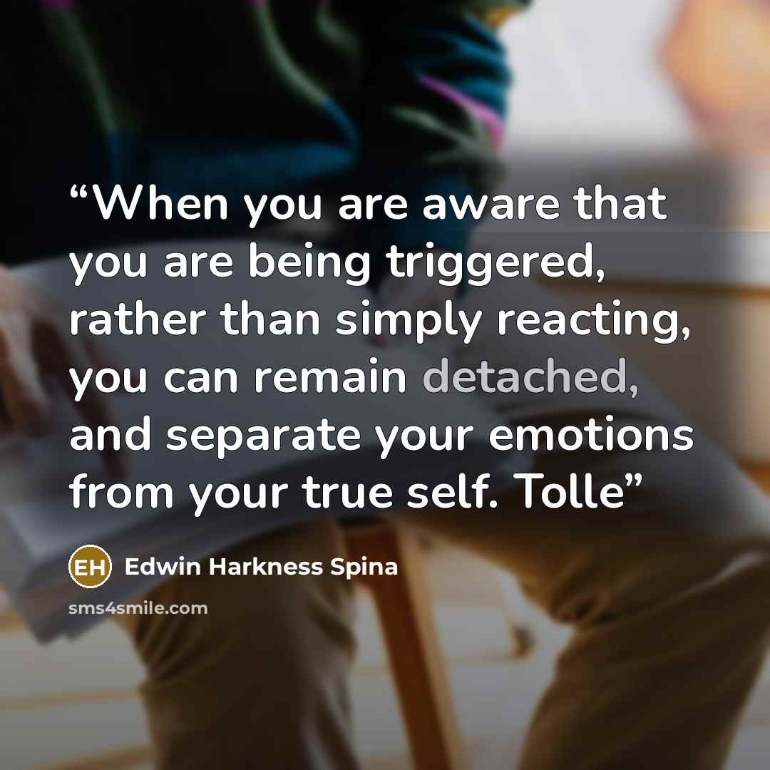 “When you are aware that you are being triggered, rather than simply reacting, you can remain detached, and separate your emotions from your true self. Tolle” quote by Edwin Harkness Spina