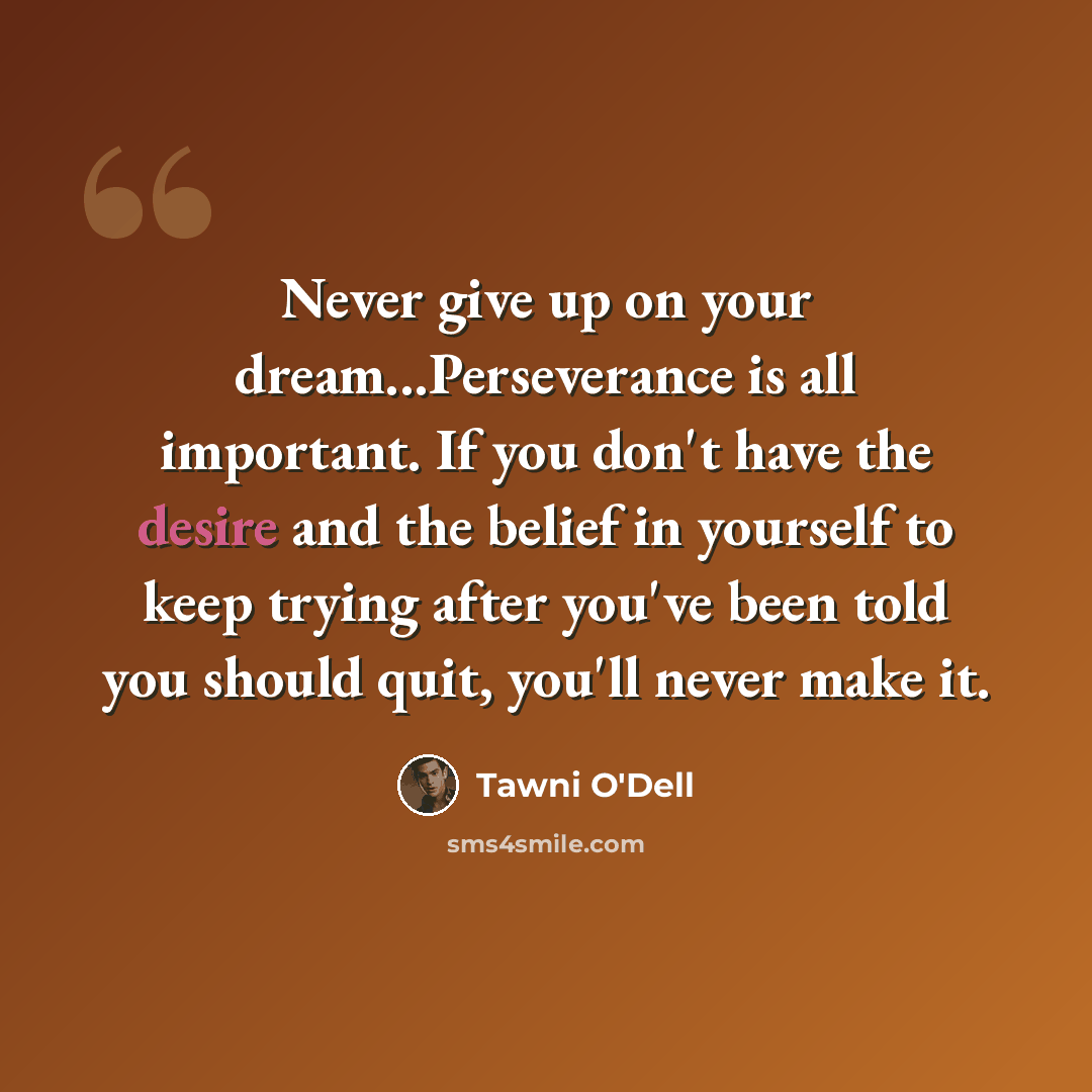 “Never give up on your dream...Perseverance is all important. If you don't have the desire and the belief in yourself to keep trying after you've been told you should quit, you'll never make it.” quote by Tawni O'Dell