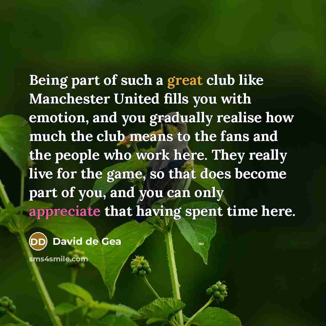 “Being part of such a great club like Manchester United fills you with emotion, and you gradually realise how much the club means to the fans and the people who work here. They really live for the game, so that does become part of you, and you can only appreciate that having spent time here.” quote by David de Gea
