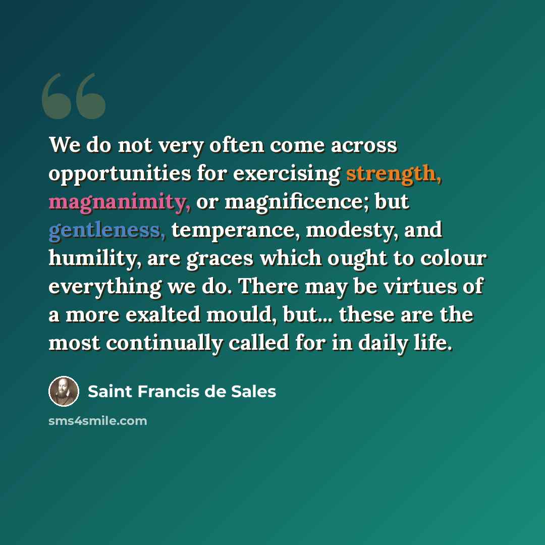 “We do not very often come across opportunities for exercising strength, magnanimity, or magnificence; but gentleness, temperance, modesty, and humility, are graces which ought to colour everything we do. There may be virtues of a more exalted mould, but... these are the most continually called for…” quote by Saint Francis de Sales