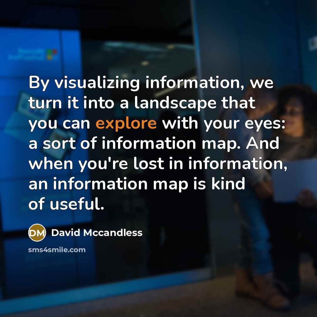 “By visualizing information, we turn it into a landscape that you can explore with your eyes: a sort of information map. And when you're lost in information, an information map is kind of useful.” quote by David McCandless