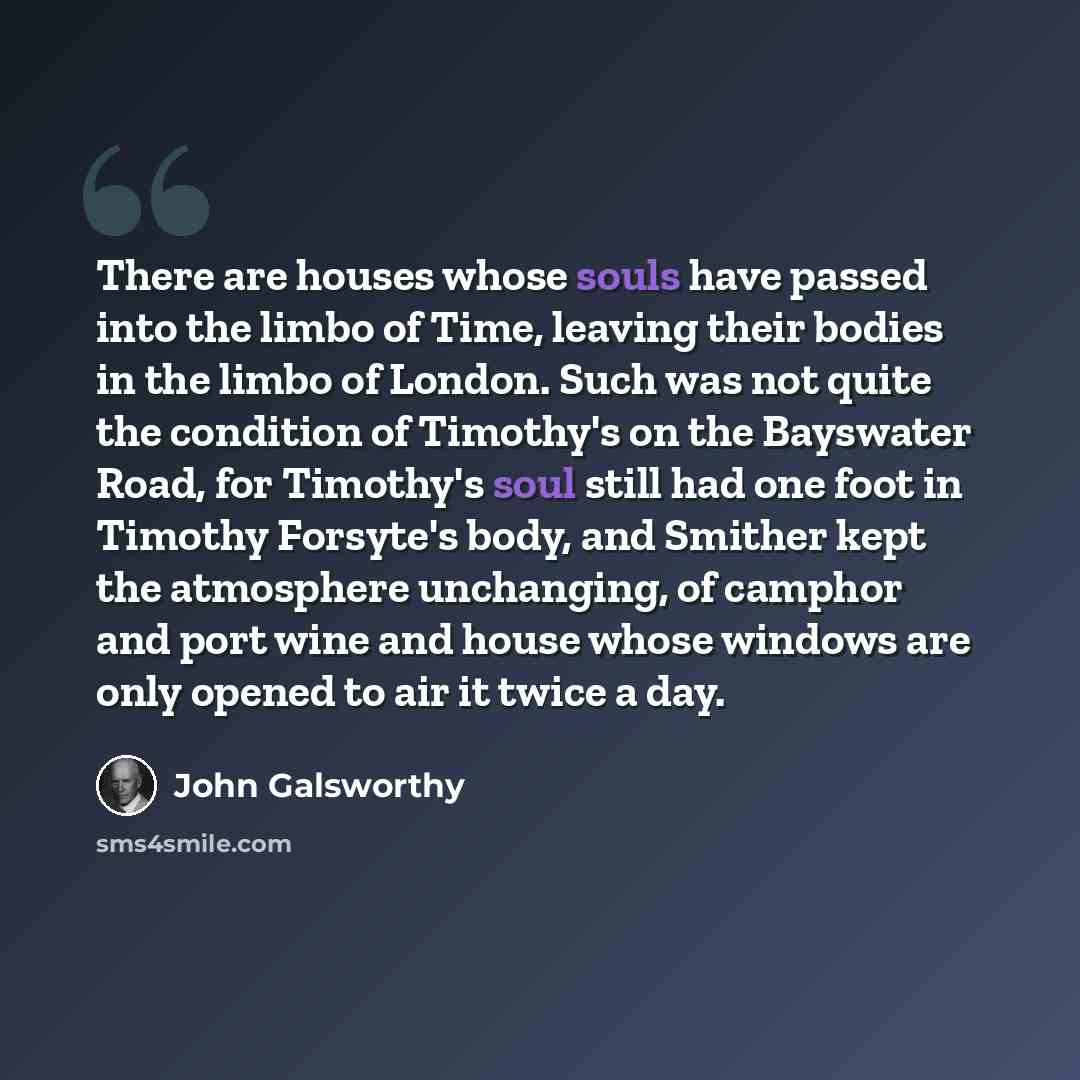 “There are houses whose souls have passed into the limbo of Time, leaving their bodies in the limbo of London. Such was not quite the condition of Timothy's on the Bayswater Road, for Timothy's soul still had one foot in Timothy Forsyte's body, and Smither kept the atmosphere unchanging, of camphor…” quote by John Galsworthy