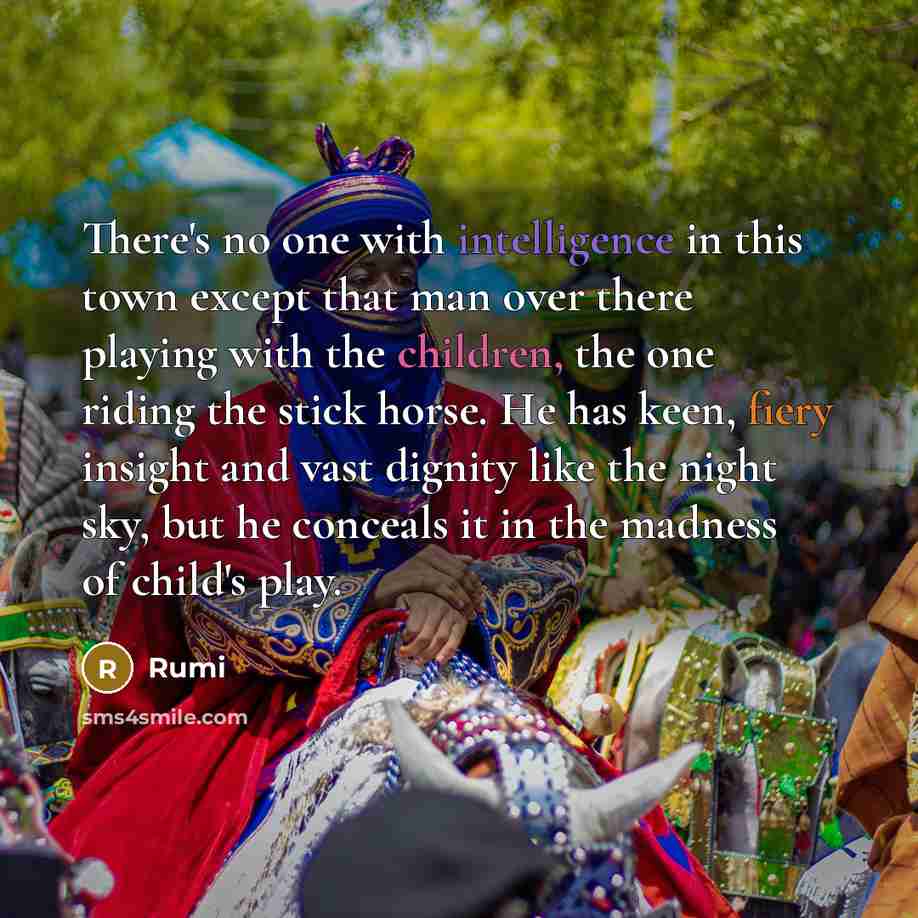 “There's no one with intelligence in this town except that man over there playing with the children, the one riding the stick horse. He has keen, fiery insight and vast dignity like the night sky, but he conceals it in the madness of child's play.” quote by Rumi
