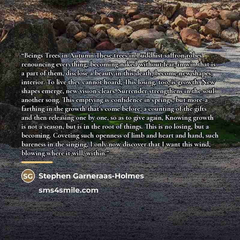 “Beings Trees in Autumn These trees in Buddhist saffron robes renouncing everything, becoming naked without fear, in win that is a part of them, disclose a beauty in this death, become new shapes, interior. To live they cannot hoard; This losing, too, is growth. New shapes emerge, new vision…” quote by Stephen Garneraas-Holmes
