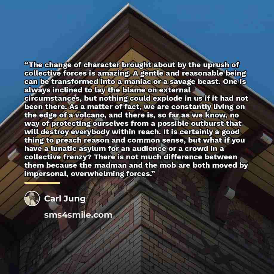 “The change of character brought about by the uprush of collective forces is amazing. A gentle and reasonable being can be transformed into a maniac or a savage beast. One is always inclined to lay the blame on external circumstances, but nothing could explode in us if it had not been there. As a…” quote by Carl Jung