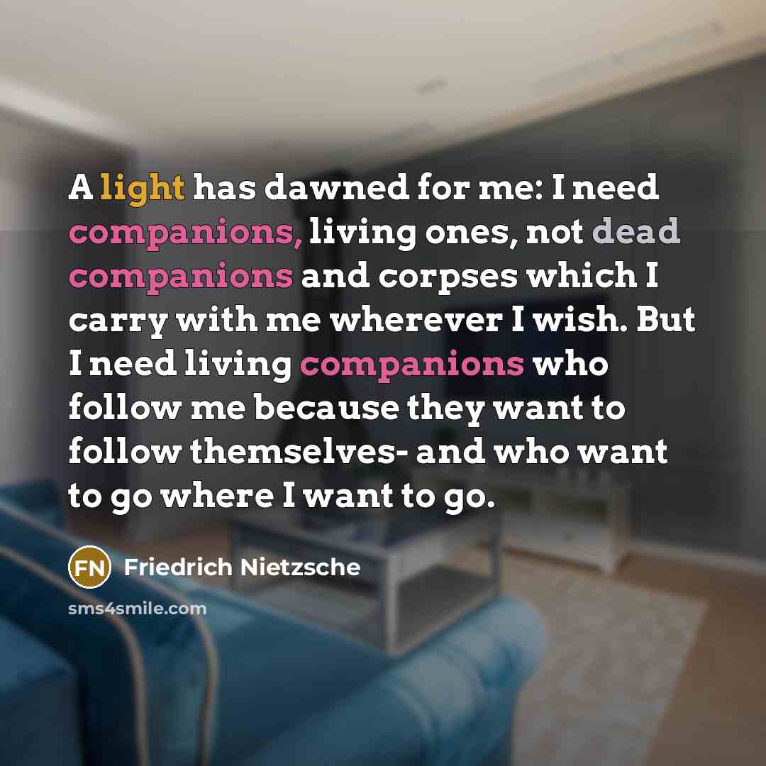 “A light has dawned for me: I need companions, living ones, not dead companions and corpses which I carry with me wherever I wish. But I need living companions who follow me because they want to follow themselves- and who want to go where I want to go.” quote by Friedrich Nietzsche
