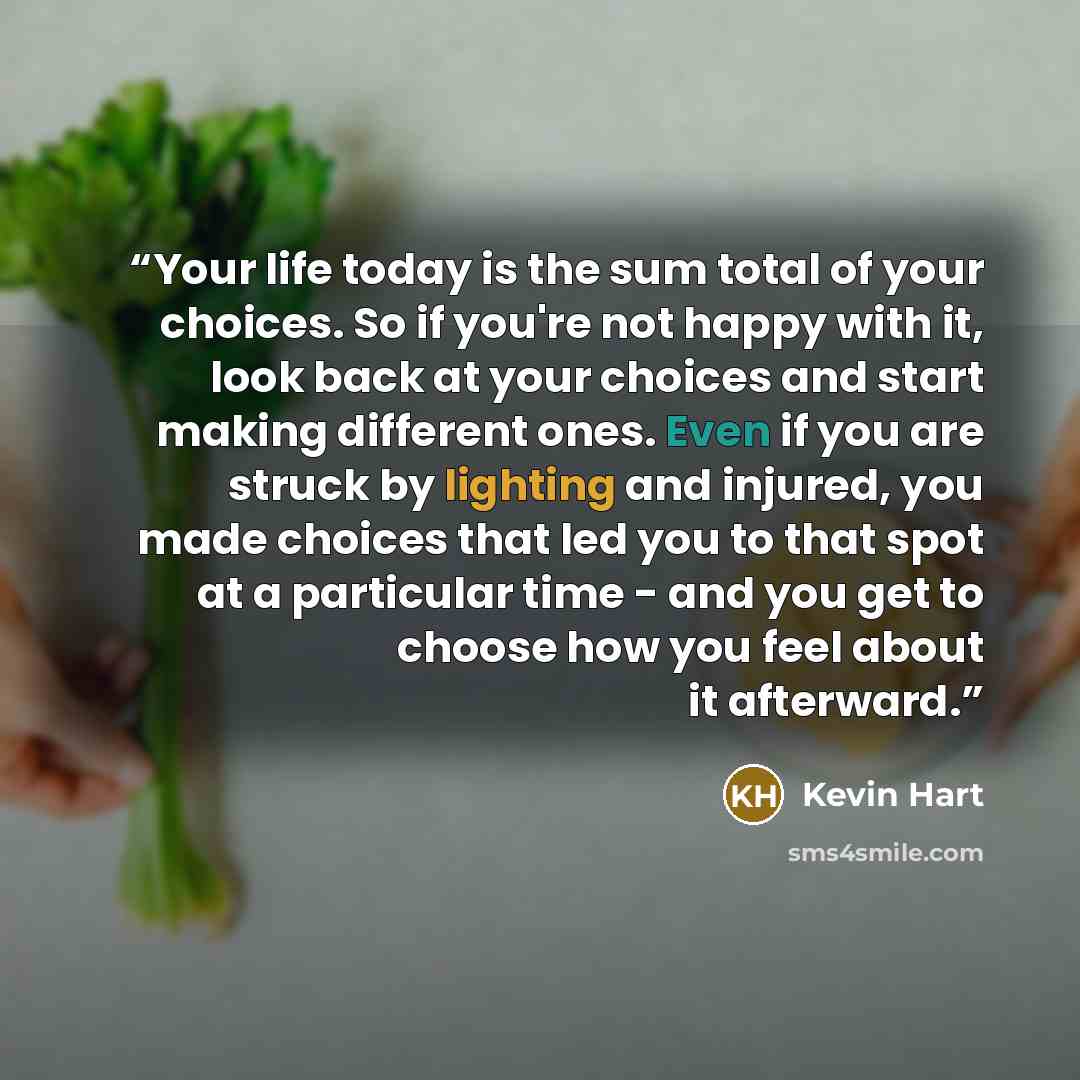 “Your life today is the sum total of your choices. So if you're not happy with it, look back at your choices and start making different ones. Even if you are struck by lighting and injured, you made choices that led you to that spot at a particular time - and you get to choose how you feel about it…” quote by Kevin Hart