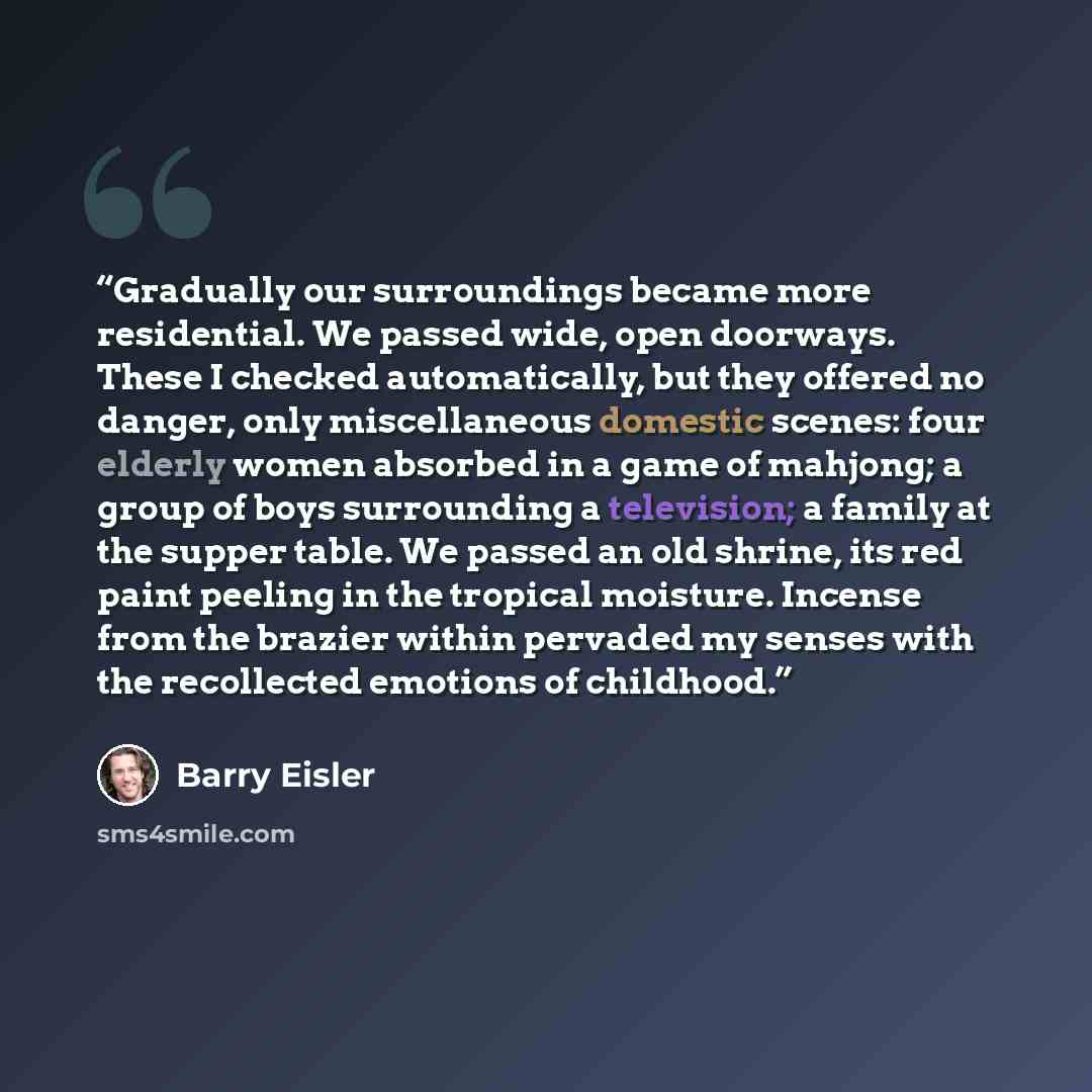 “Gradually our surroundings became more residential. We passed wide, open doorways. These I checked automatically, but they offered no danger, only miscellaneous domestic scenes: four elderly women absorbed in a game of mahjong; a group of boys surrounding a television; a family at the supper…” quote by Barry Eisler